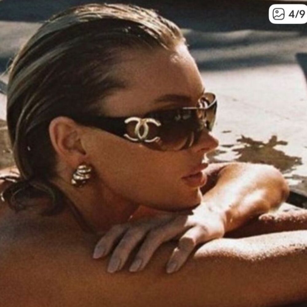 Vintage Chanel Black Oversized Shield Sunglasses Y2K Interlocking CC Logo 2000s